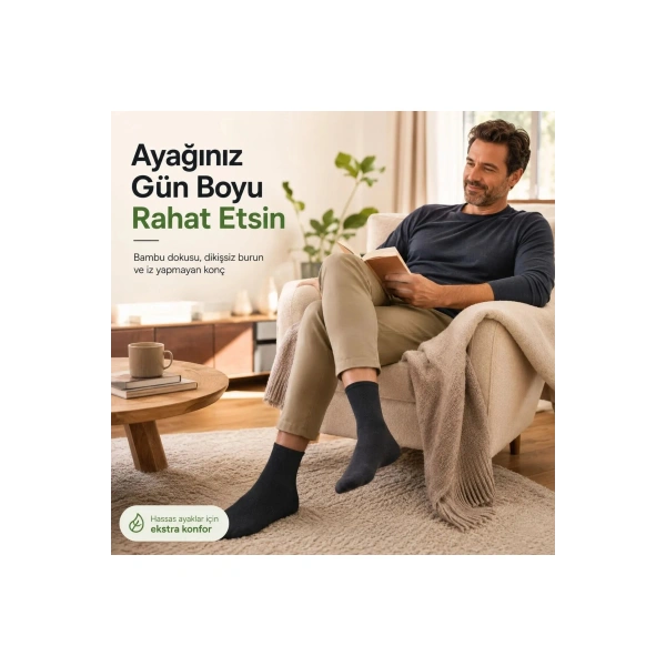 Bambu Çorabı Lastiksiz Dikişsiz Burun Siyah Uzun Konç Hassas Ayaklar İçin