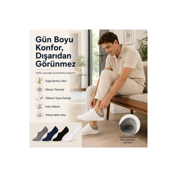 Erkek Bambu 8’li Babet Çorap Görünmez No Show Dikişsiz Silikon Topuklu