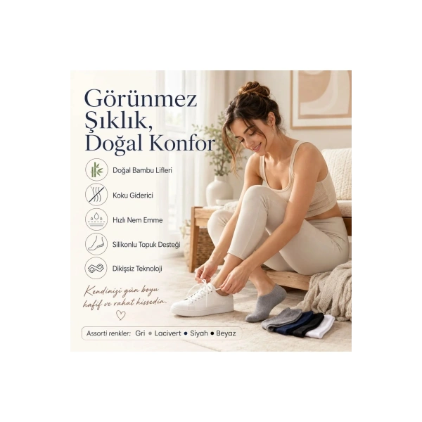 Erkek Bambu 8’li Babet Çorap Görünmez No Show Dikişsiz Silikon Topuklu