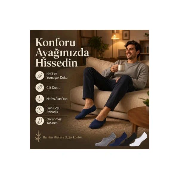 Erkek Bambu 8’li Babet Çorap Görünmez No Show Dikişsiz Silikon Topuklu