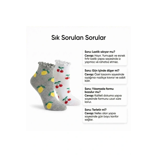 Kadın Meyve Desenli Fırfırlı Soket Çorap 6lı | Renkli Yumuşak Rahat Bilek Çorabı