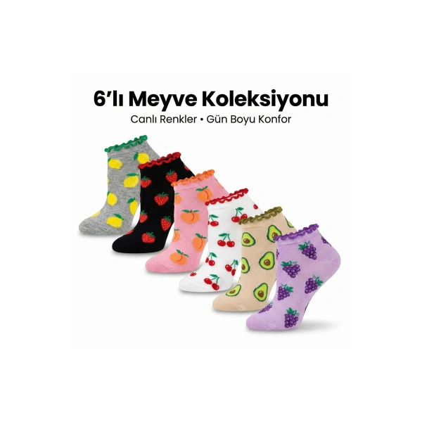 Kadın Meyve Desenli Fırfırlı Soket Çorap 6lı | Renkli Yumuşak Rahat Bilek Çorabı