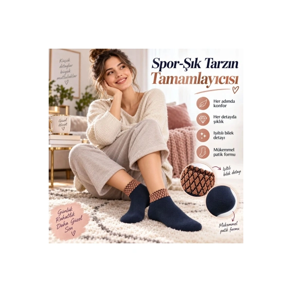 Kadın Simli 12li Bilek Patik Çorap | Dikişsiz Havlu Yapı, Yumuşak Konforlu Günlük Çorap