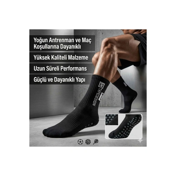 Kaydırmaz Futbol 3’lü Basketbol Tenis Erkek Spor Çorap, Siyah, Kaymaz Çorap Tabanlı, Dikişsiz ve Par