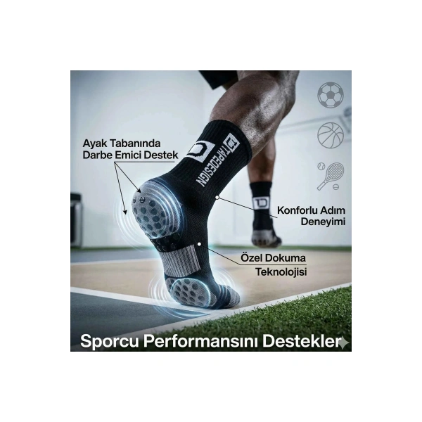 Kaydırmaz Futbol 3’lü Basketbol Tenis Erkek Spor Çorap, Siyah, Kaymaz Çorap Tabanlı, Dikişsiz ve Par