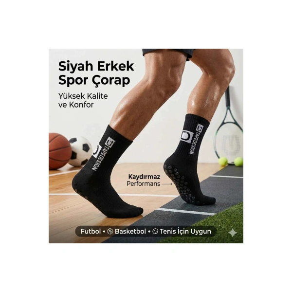 Kaydırmaz Futbol 3’lü Basketbol Tenis Erkek Spor Çorap, Siyah, Kaymaz Çorap Tabanlı, Dikişsiz ve Par