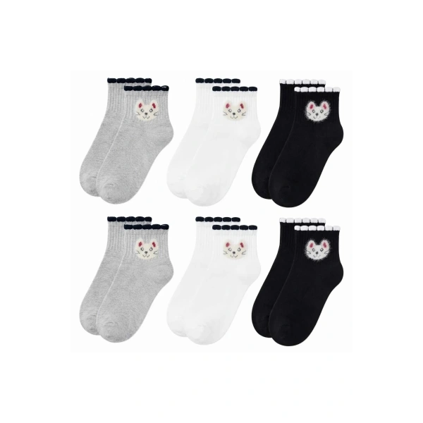 Kadın Kedi Desenli Kısa Konç Çorap 6lı | %80 Pamuklu Dikişsiz, Siyah Beyaz Gri