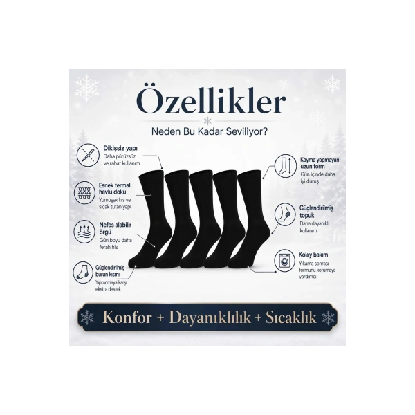Erkek Siyah Kışlık Termal Havlu Çorap 6lı | Dikişsiz Esnek, Sıcak Tutan, Güçlü Topuk Burun