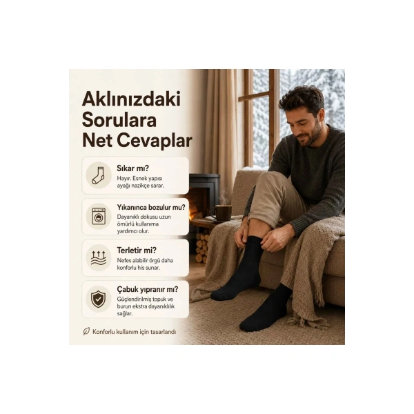Erkek Siyah Kışlık Termal Havlu Çorap 6lı | Dikişsiz Esnek, Sıcak Tutan, Güçlü Topuk Burun