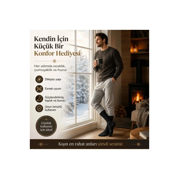 Erkek Siyah Kışlık Termal Havlu Çorap 6lı | Dikişsiz Esnek, Sıcak Tutan, Güçlü Topuk Burun