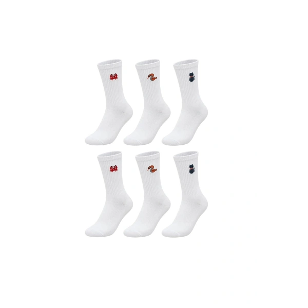 UNİSEX Çorap Beyaz Hayvan Nakışlı 6lı Set Yengeç Yılan Kedi Desenli Uzun Soket Günlük Spor Çorabı