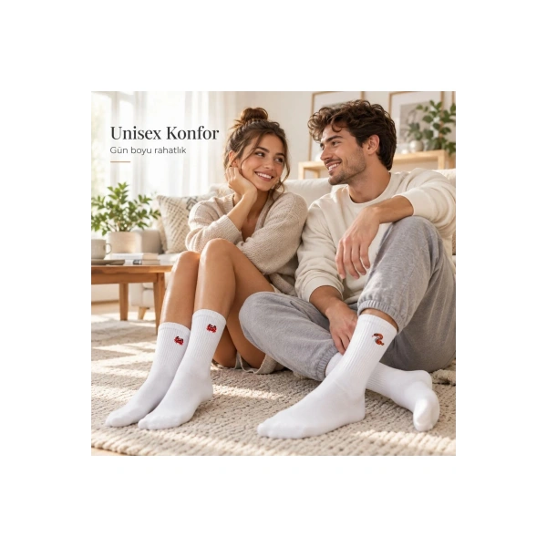UNİSEX Çorap Beyaz Hayvan Nakışlı 6lı Set Yengeç Yılan Kedi Desenli Uzun Soket Günlük Spor Çorabı