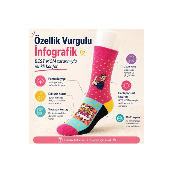 Best Mom Kadın Çorabı 36-40 Pamuklu Dikişsiz Burun Pop Art Desenli Renkli Soket Hediyelik Çorap