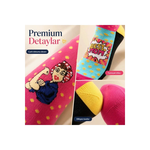 Best Mom Kadın Çorabı 36-40 Pamuklu Dikişsiz Burun Pop Art Desenli Renkli Soket Hediyelik Çorap