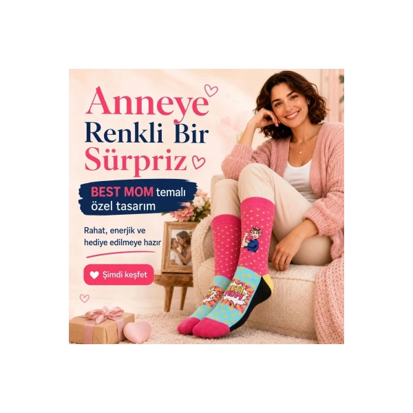 Best Mom Kadın Çorabı 36-40 Pamuklu Dikişsiz Burun Pop Art Desenli Renkli Soket Hediyelik Çorap