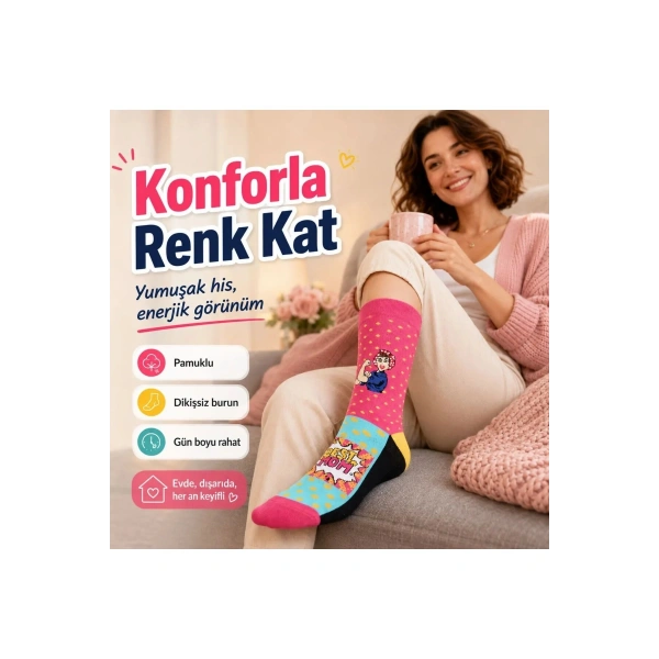Best Mom Kadın Çorabı 36-40 Pamuklu Dikişsiz Burun Pop Art Desenli Renkli Soket Hediyelik Çorap