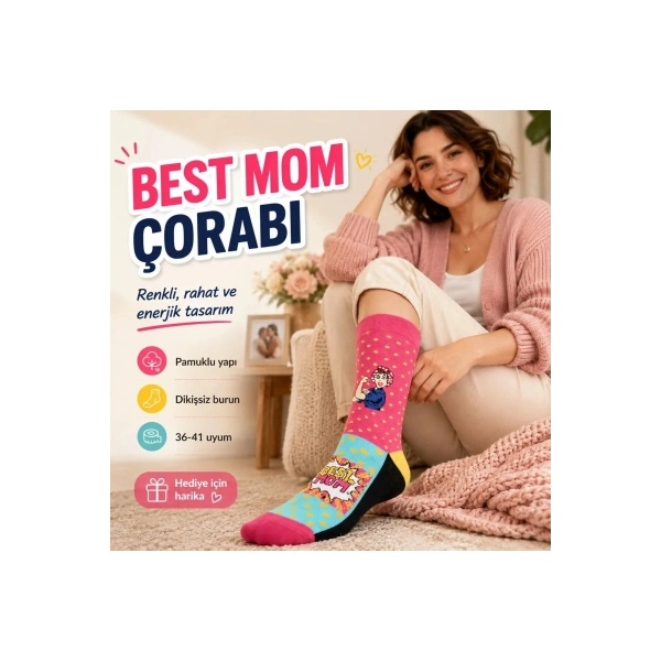 Best Mom Kadın Çorabı 36-40 Pamuklu Dikişsiz Burun Pop Art Desenli Renkli Soket Hediyelik Çorap