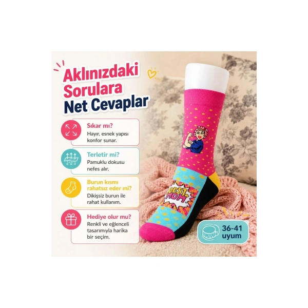 Best Mom Kadın Çorabı 36-40 Pamuklu Dikişsiz Burun Pop Art Desenli Renkli Soket Hediyelik Çorap