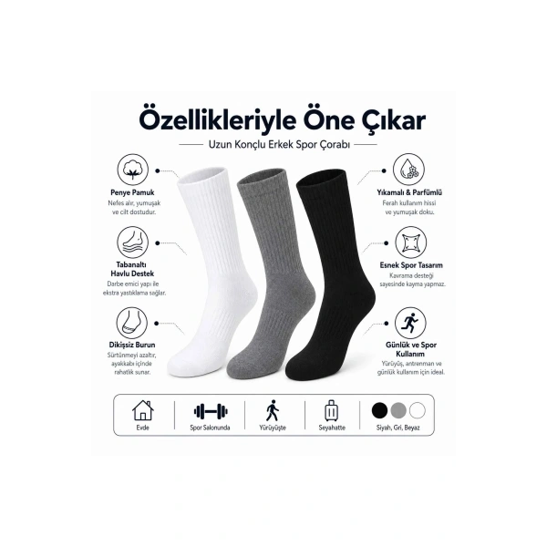 Erkek Spor Çorap 12 Çift, Taban Altı Havlu Destekli Penye Pamuklu Uzun Konç Çorap
