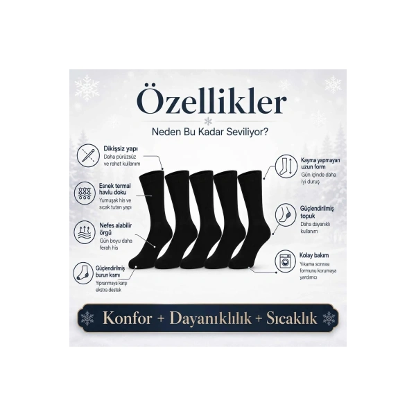 Erkek Siyah Kışlık Termal Havlu Çorap 12li | Dikişsiz Esnek, Sıcak Tutan, Güçlü Topuk Burun