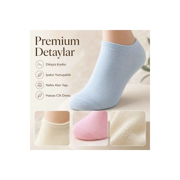 Kadın Bambu Dikişsiz Patik Çorap 12li | Nefes Alan Nem Emici Yumuşak, Krem Mavi Pembe