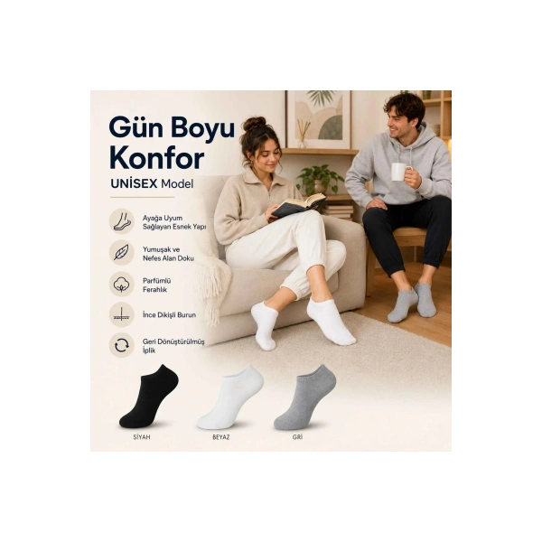 Unisex Dikişsiz Patik Çorap 6lı | %85 Pamuklu Geri Dönüşüm İplikli, Nefes Alan Spor