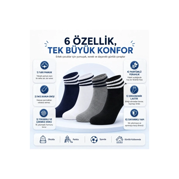 Erkek Çocuk Pamuklu Çizgili Patik Çorap 4lü | Nefes Alan Esnek Okul Günlük Spor Çorabı