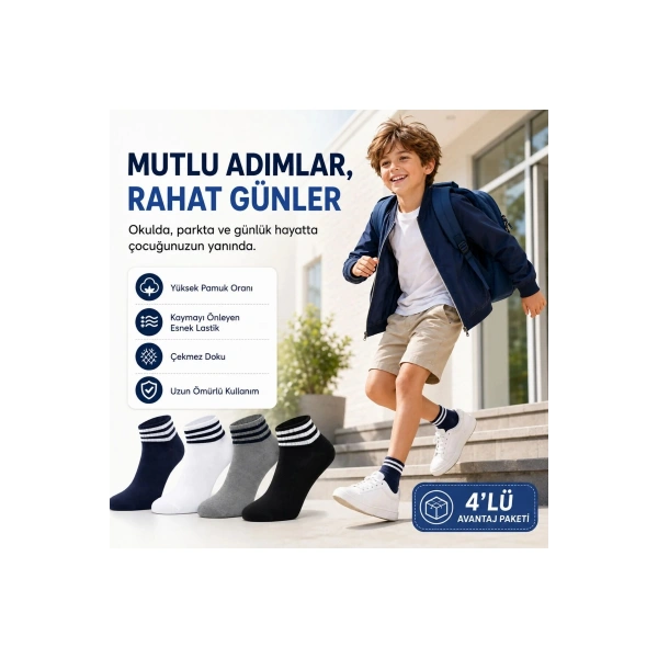 Erkek Çocuk Pamuklu Çizgili Patik Çorap 4lü | Nefes Alan Esnek Okul Günlük Spor Çorabı