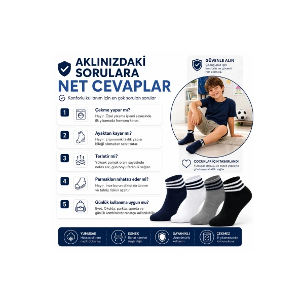 Erkek Çocuk Pamuklu Çizgili Patik Çorap 4lü | Nefes Alan Esnek Okul Günlük Spor Çorabı