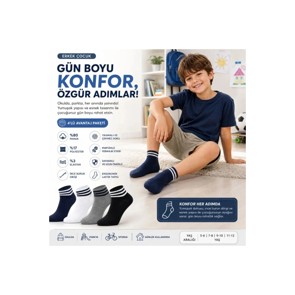 Erkek Çocuk Pamuklu Çizgili Patik Çorap 4lü | Nefes Alan Esnek Okul Günlük Spor Çorabı