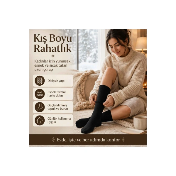 Kadın Siyah Kışlık Termal Uzun Çorap 6lı | Dikişsiz Havlu, Sıcak Tutan, Güçlü Topuk Burun