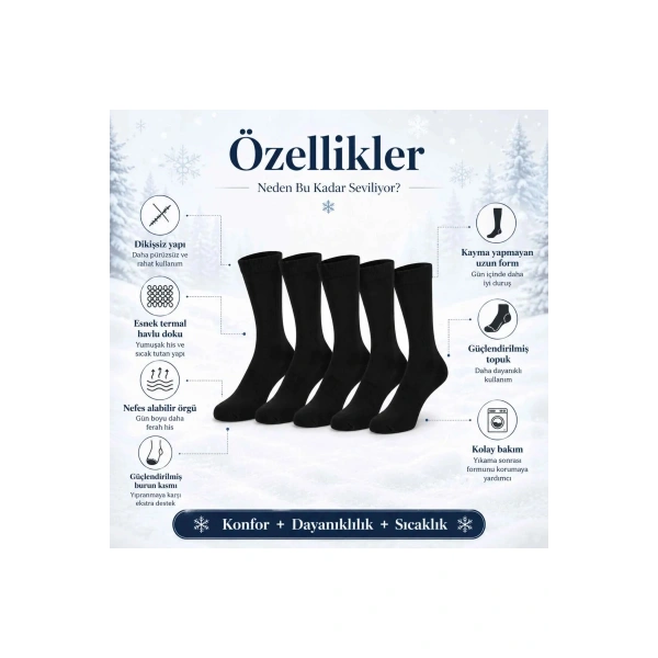 Kadın Siyah Kışlık Termal Uzun Çorap 6lı | Dikişsiz Havlu, Sıcak Tutan, Güçlü Topuk Burun