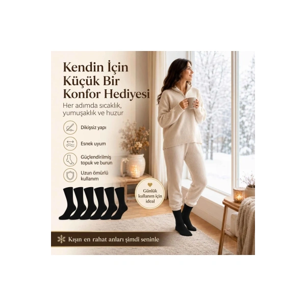 Kadın Siyah Kışlık Termal Uzun Çorap 6lı | Dikişsiz Havlu, Sıcak Tutan, Güçlü Topuk Burun