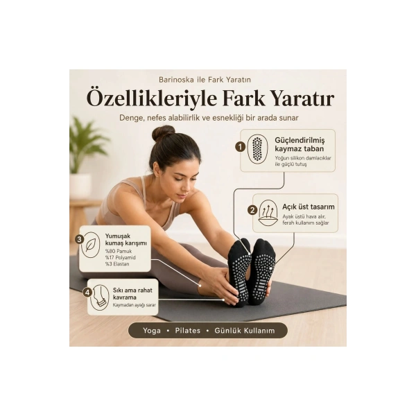 Kadın Siyah Kaymaz Yoga Pilates Çorabı 3lü | Silikon Taban, Bilek Bantlı, Ev Spor Umre