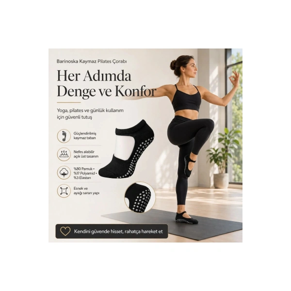 Kadın Siyah Kaymaz Yoga Pilates Çorabı 3lü | Silikon Taban, Bilek Bantlı, Ev Spor Umre