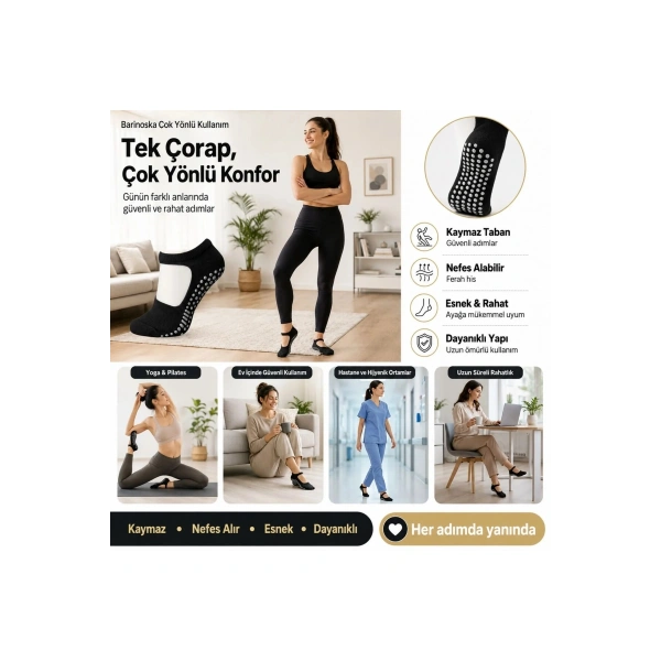 Kadın Siyah Kaymaz Yoga Pilates Çorabı 3lü | Silikon Taban, Bilek Bantlı, Ev Spor Umre