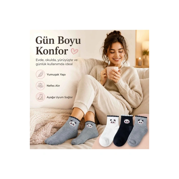 Kadın Panda Desenli Kısa Konç Çorap 6lı | %80 Pamuklu Dikişsiz, Siyah Beyaz Gri
