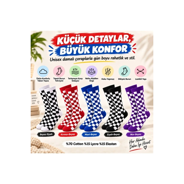 UNİSEX Çorap Dama Desenli Renkli 10lu Set Kareli Uzun Soket Günlük Spor Eğlenceli Rahat Çorap Seti