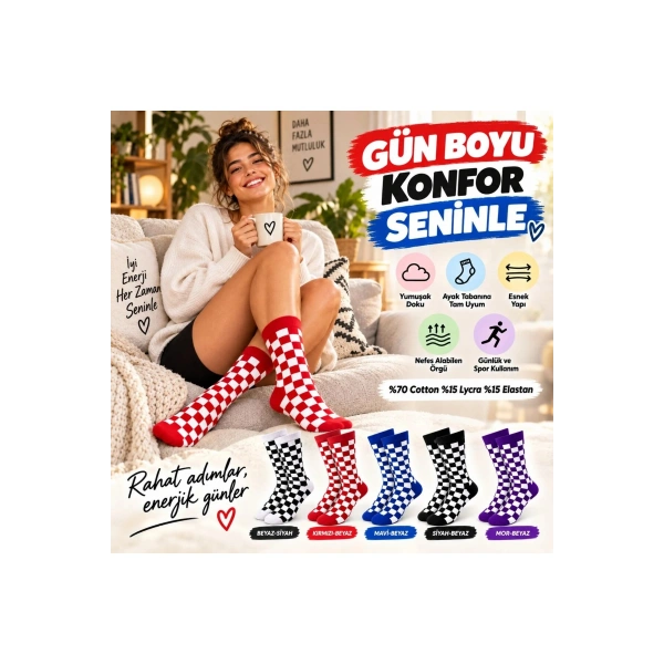 UNİSEX Çorap Dama Desenli Renkli 10lu Set Kareli Uzun Soket Günlük Spor Eğlenceli Rahat Çorap Seti