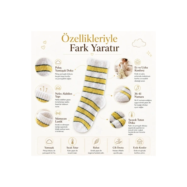 Peluş Çizgili Kadın Uyku Çorabı 36-40 Yumuşak Sıcak Tutan Sıkmayan Ev Çorabı Sarı Beyaz