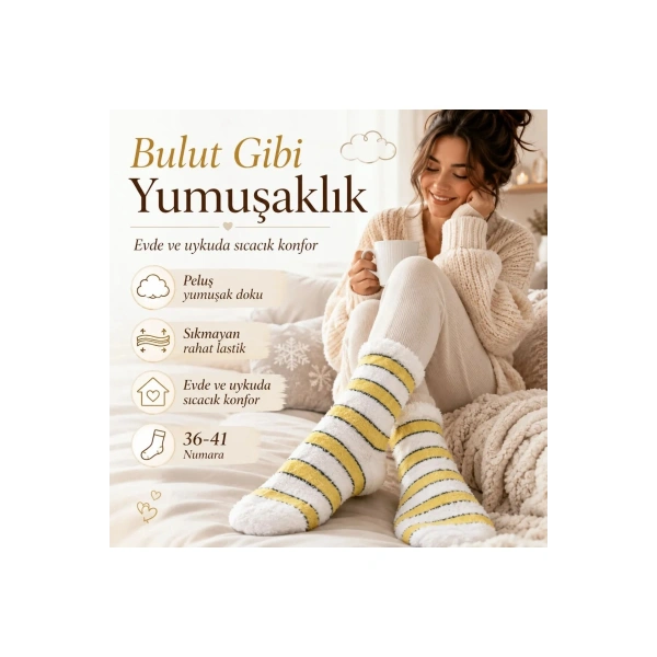 Peluş Çizgili Kadın Uyku Çorabı 36-40 Yumuşak Sıcak Tutan Sıkmayan Ev Çorabı Sarı Beyaz