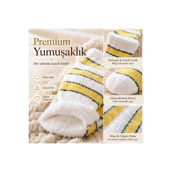 Peluş Çizgili Kadın Uyku Çorabı 36-40 Yumuşak Sıcak Tutan Sıkmayan Ev Çorabı Sarı Beyaz