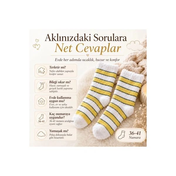 Peluş Çizgili Kadın Uyku Çorabı 36-40 Yumuşak Sıcak Tutan Sıkmayan Ev Çorabı Sarı Beyaz