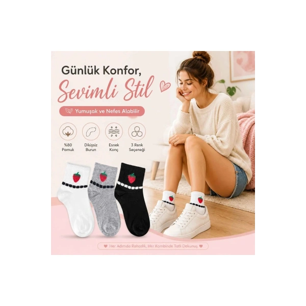 Kadın Çilek Desenli Kısa Konç Çorap 12li | %80 Pamuklu Dikişsiz, Siyah Beyaz Gri
