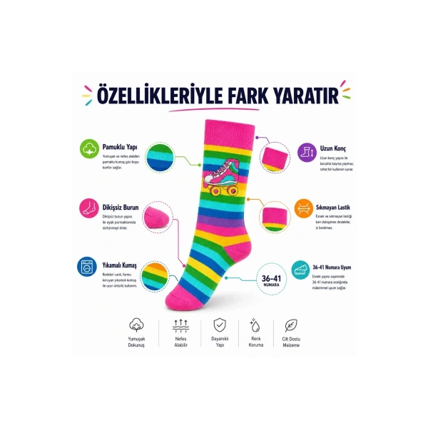 Gökkuşağı Çizgili Retro Paten Desenli Soket Çorap Pamuklu Dikişsiz Burun 36-40 Numara Uzun Konç