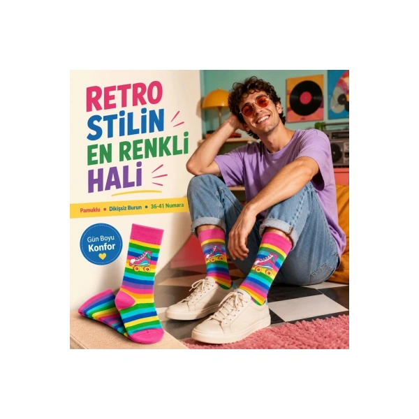 Gökkuşağı Çizgili Retro Paten Desenli Soket Çorap Pamuklu Dikişsiz Burun 36-40 Numara Uzun Konç