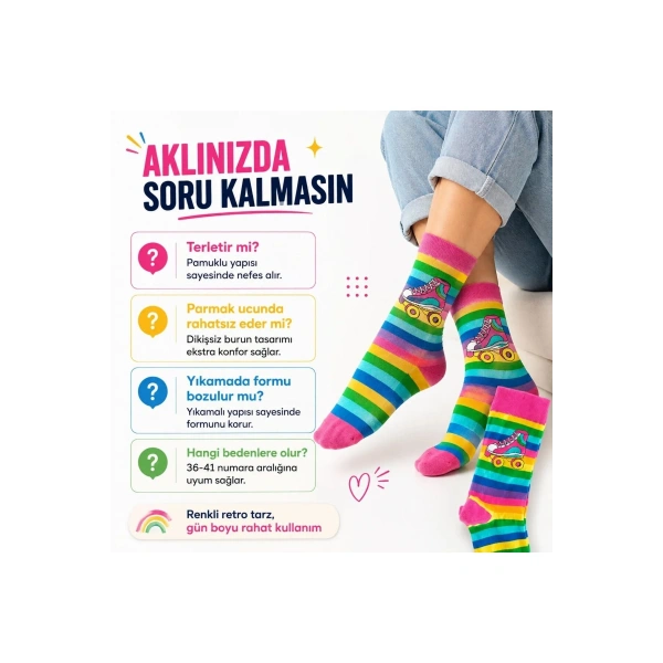Gökkuşağı Çizgili Retro Paten Desenli Soket Çorap Pamuklu Dikişsiz Burun 36-40 Numara Uzun Konç