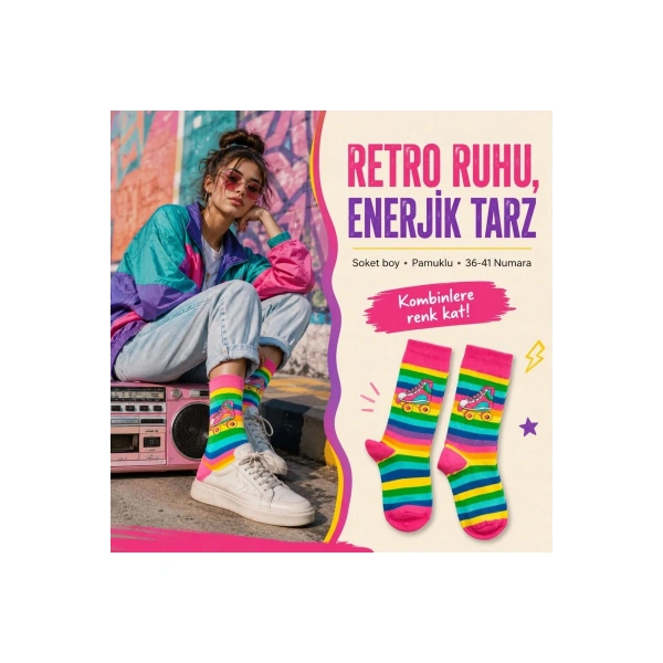 Gökkuşağı Çizgili Retro Paten Desenli Soket Çorap Pamuklu Dikişsiz Burun 36-40 Numara Uzun Konç
