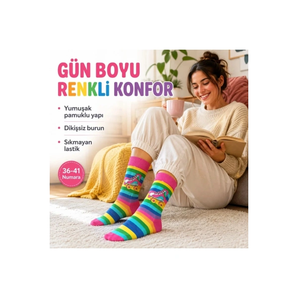 Gökkuşağı Çizgili Retro Paten Desenli Soket Çorap Pamuklu Dikişsiz Burun 36-40 Numara Uzun Konç