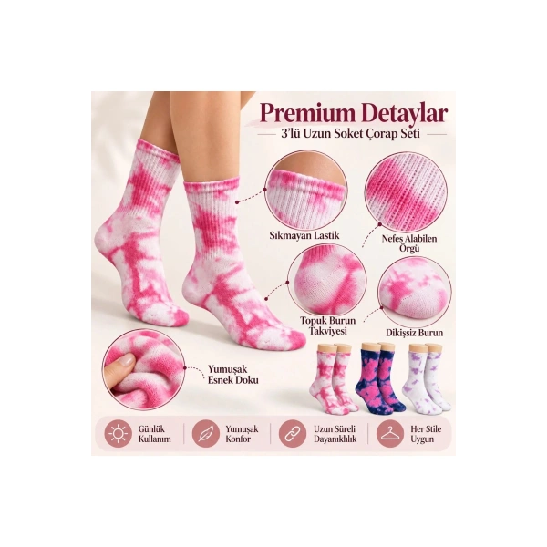 Unisex Batik Desenli Çorap 6lı Set Pamuklu Renkli Uzun Soket Dikişsiz Nefes Alan Günlük Spor Çorabı